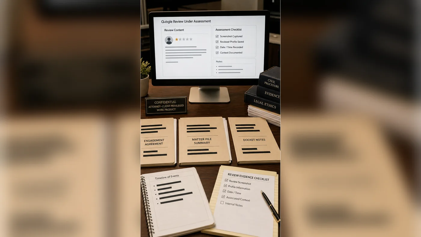 Confidential law firm matter file and Google review screenshots in the United States