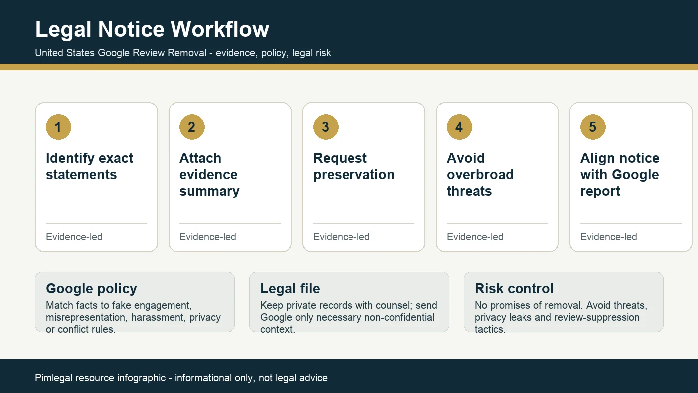 Technical infographic for U.S. legal notice workflow for defamatory Google reviews