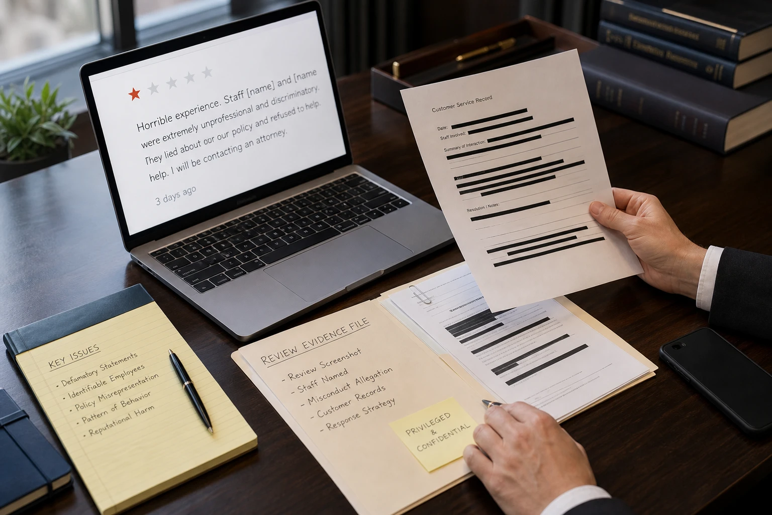 Privacy-screened business records and Google review screenshots for a named-staff dispute in the United States