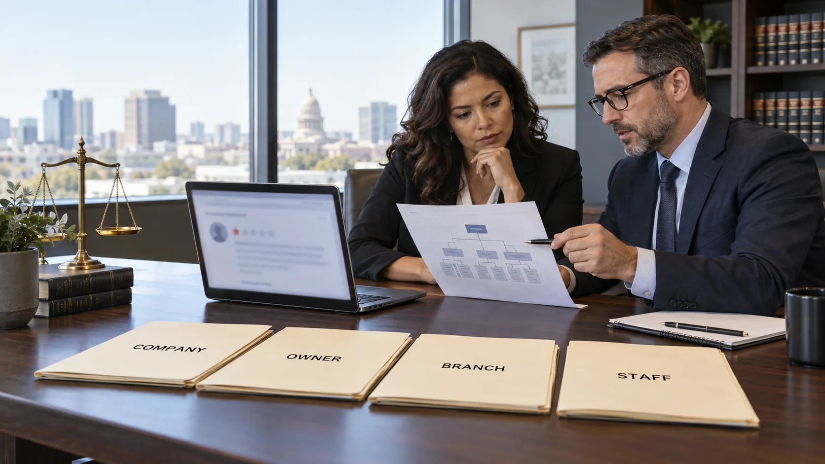 U.S. business owner and defamation attorney determining whether a harmful Google review concerns the company, owner, branch, or staff