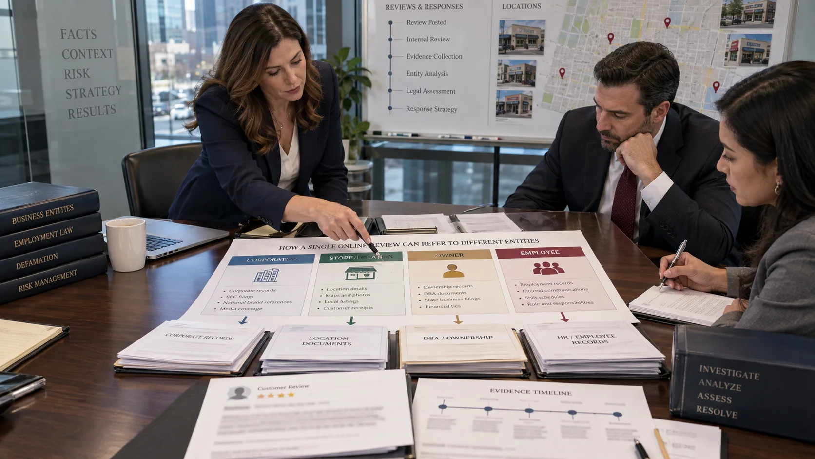 United States legal team mapping a harmful Google review to a corporation, storefront location, owner, and employee