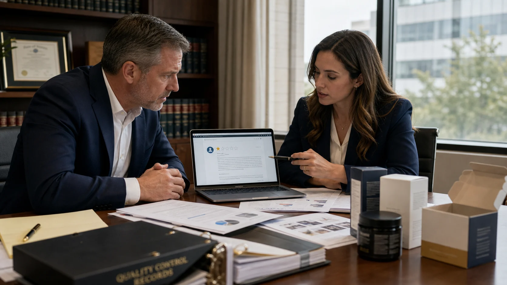 U.S. business owner and lawyer reviewing a Google review accusing a product of being unsafe or counterfeit