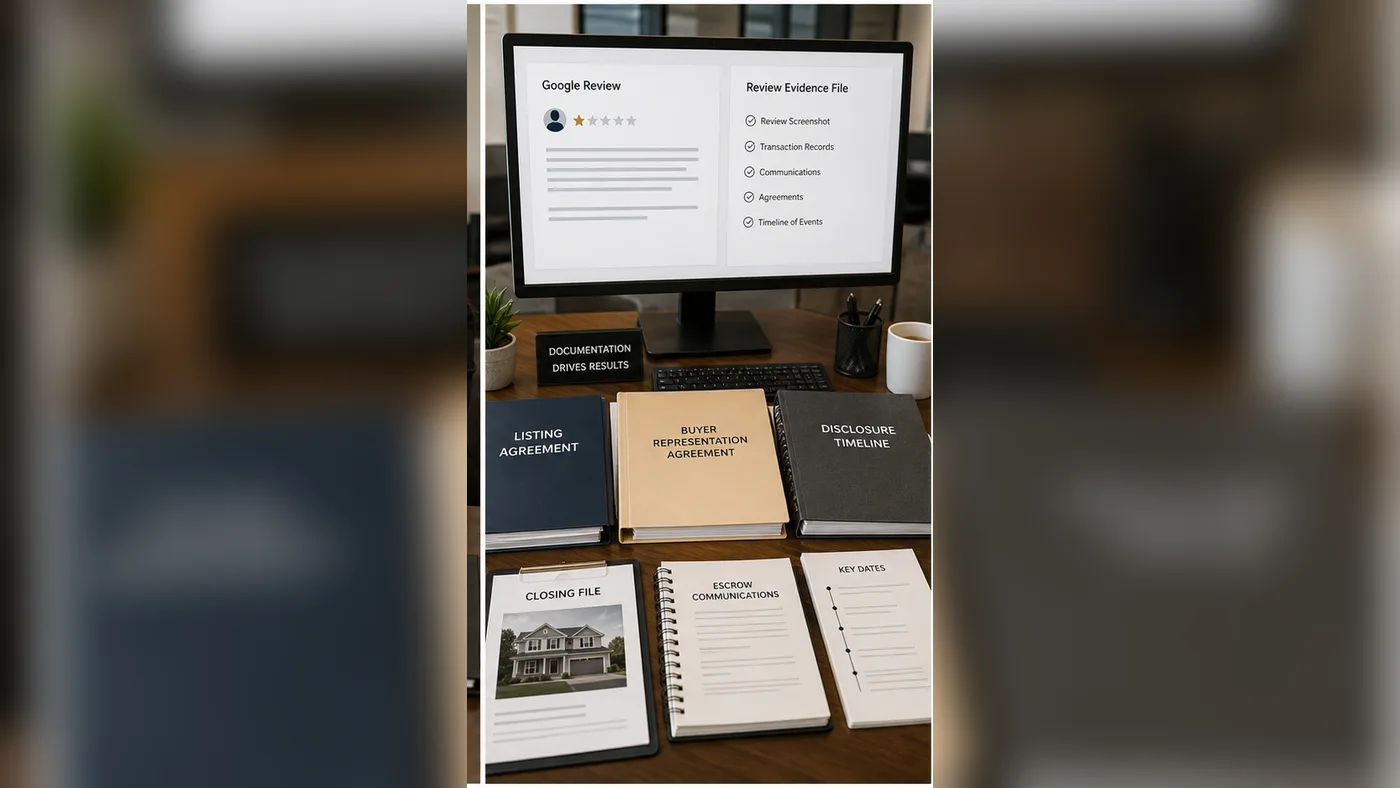 Real estate closing evidence and Google review screenshots in the United States