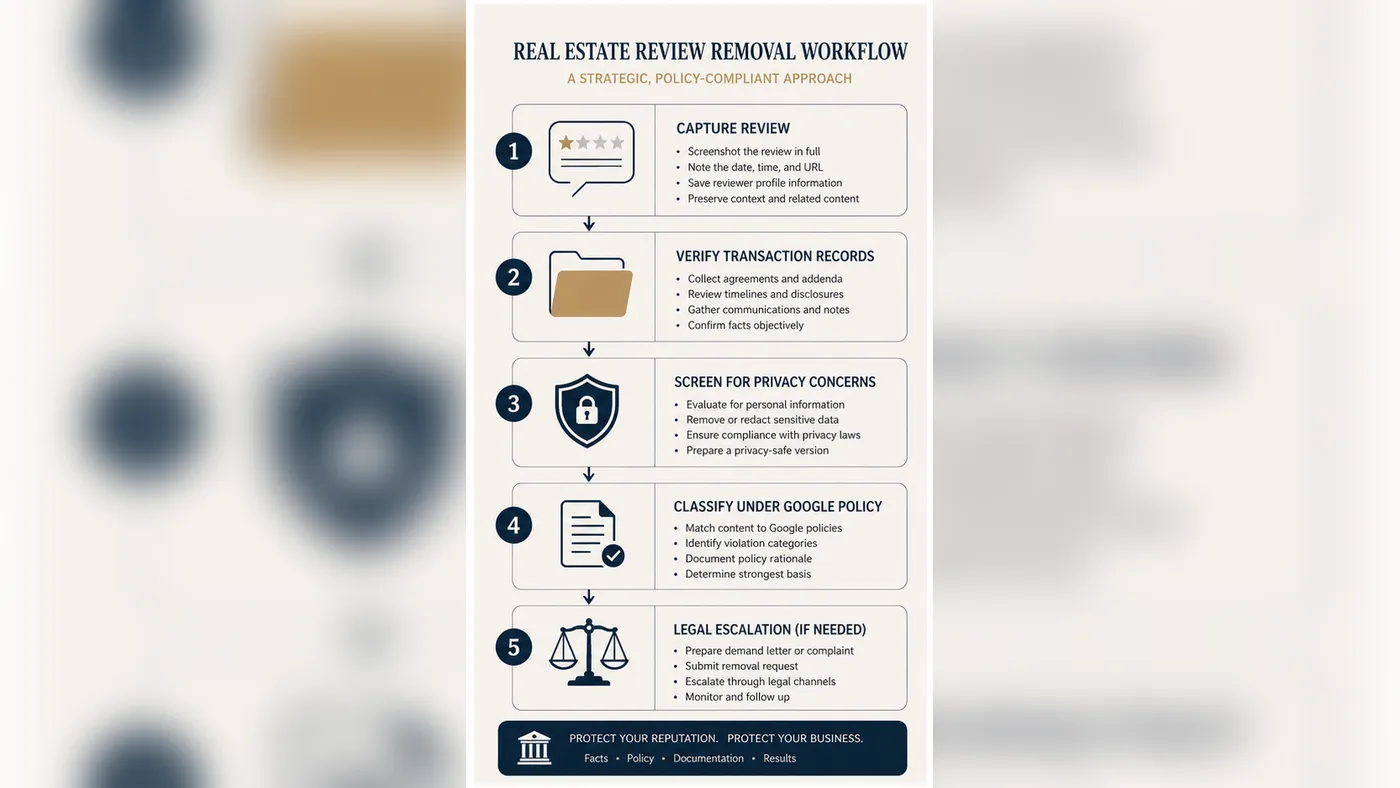 Technical infographic for U.S. real estate agency Google review removal workflow