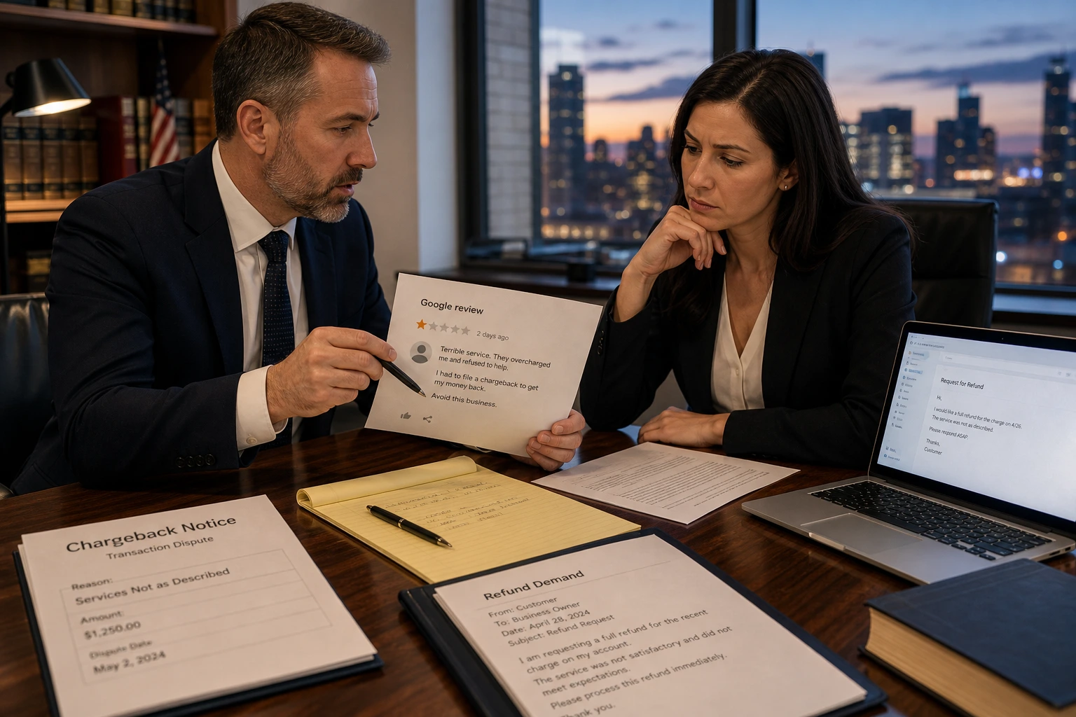 U.S. business owner and attorney reviewing a Google review posted during a refund demand or chargeback dispute
