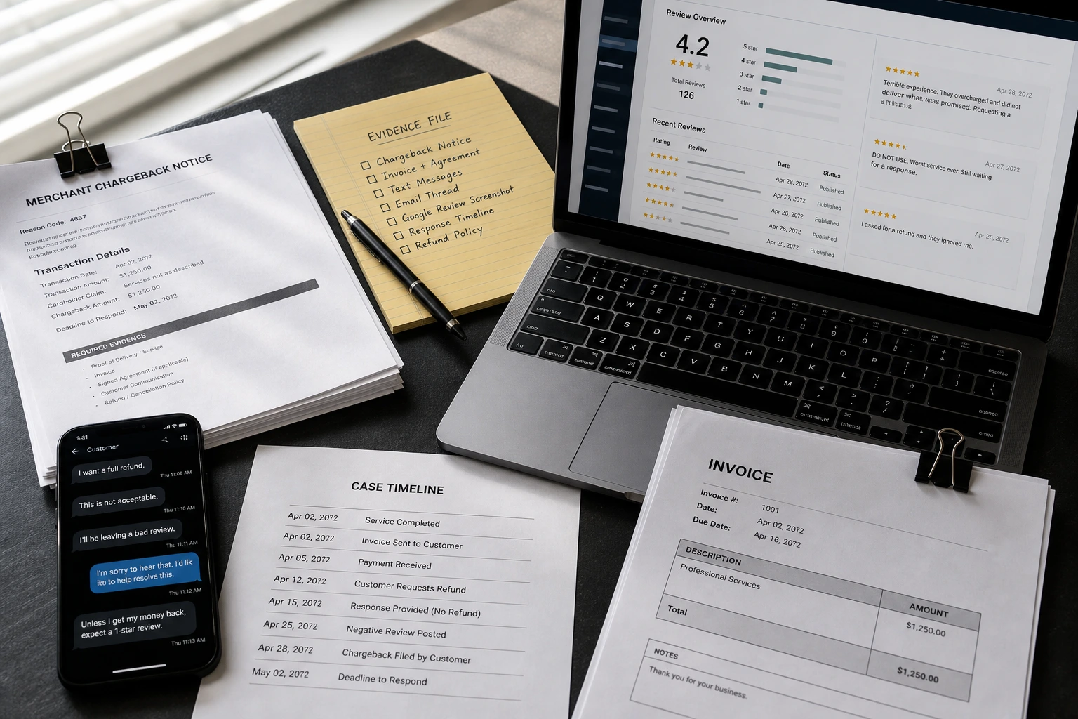 United States evidence desk comparing chargeback notices, refund messages, and Google review screenshots
