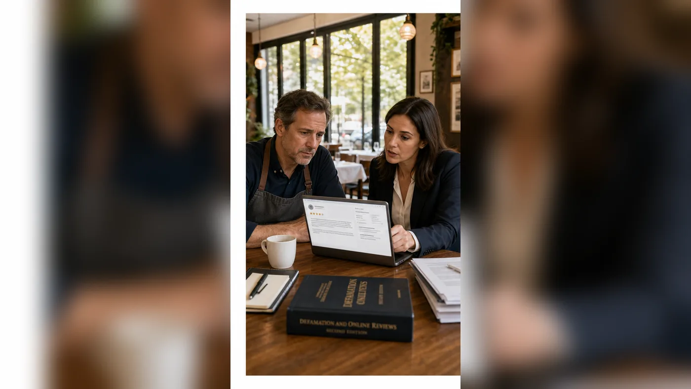 U.S. restaurant owner and counsel reviewing Google review evidence in a dining room