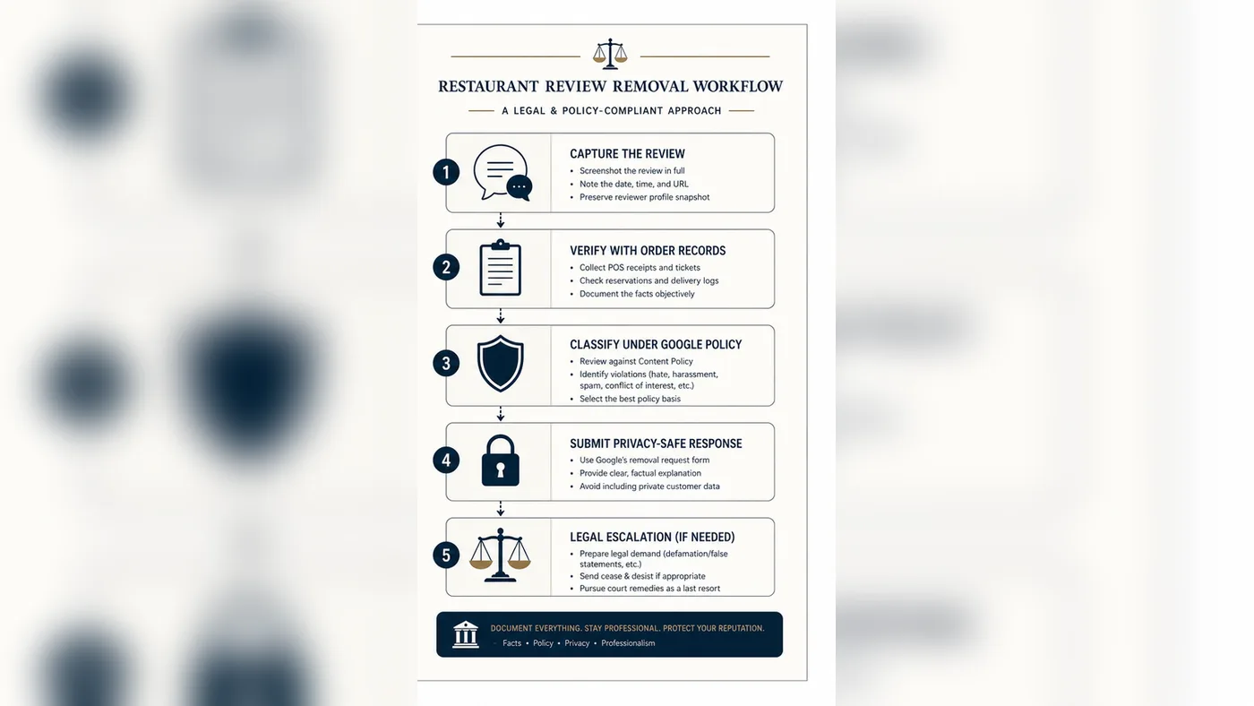 Technical infographic for U.S. restaurant Google review removal workflow