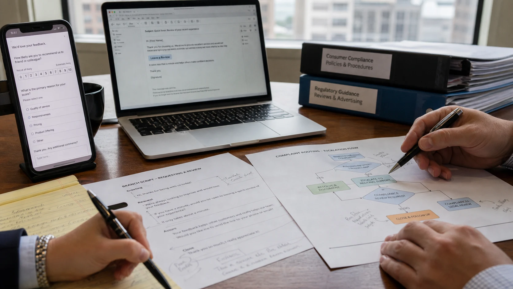 United States evidence desk comparing Google review accusations with review request messages, customer feedback funnels, and branch scripts
