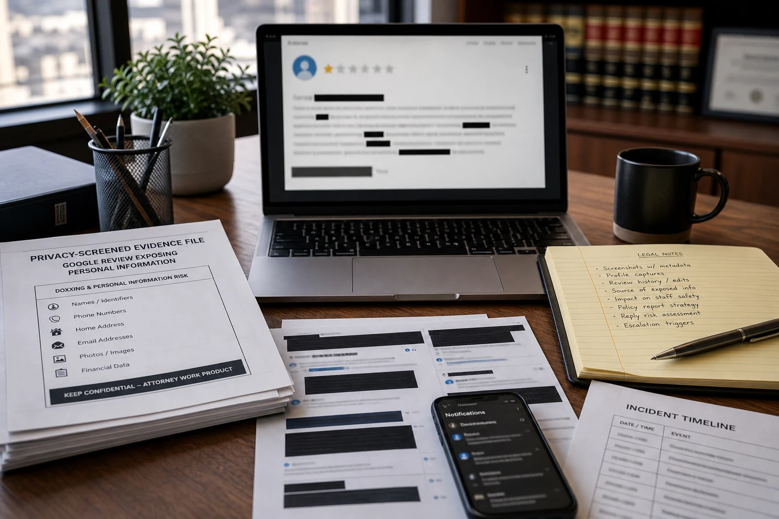 Privacy-screened evidence file for a United States Google review exposing personal information