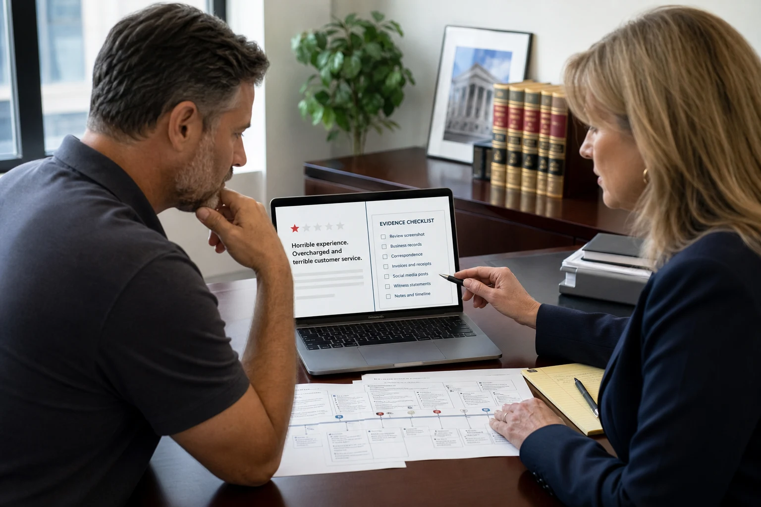 United States counsel and business manager preparing a no-incentive response to a negative Google review dispute