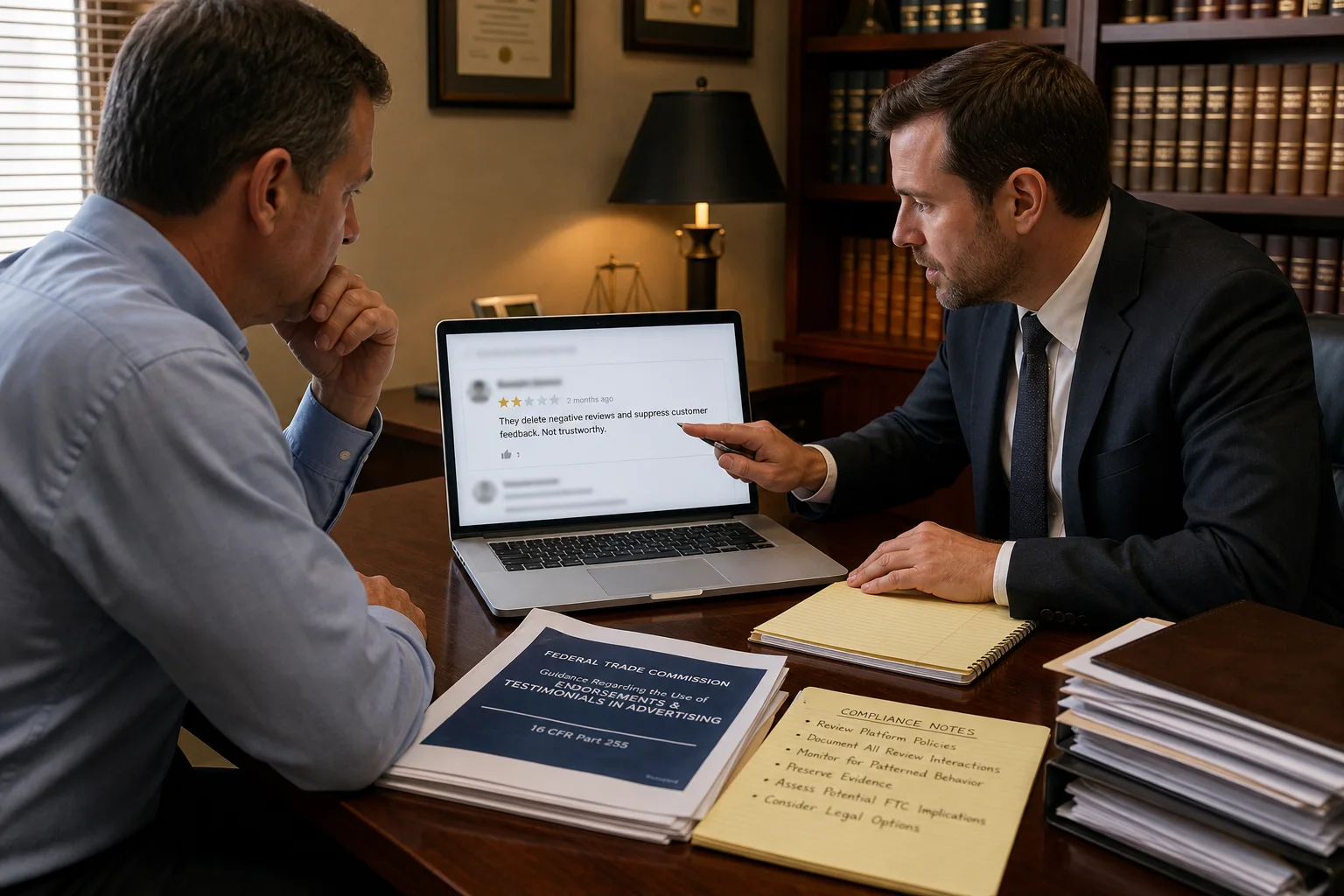 U.S. business owner and attorney reviewing a Google review accusing the company of deleting or suppressing customer reviews