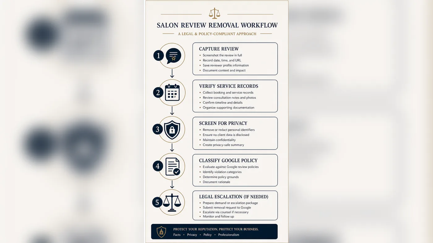 Technical infographic for U.S. salon Google review removal workflow
