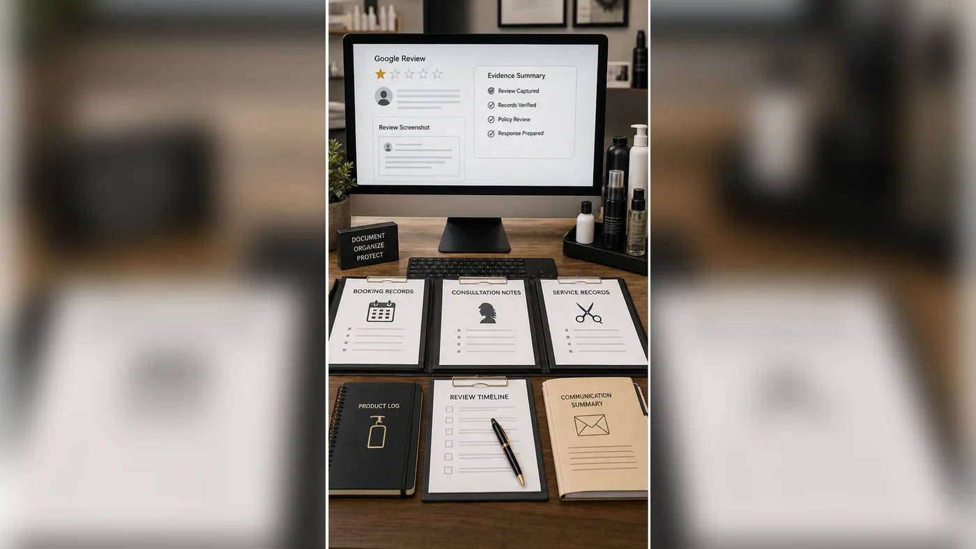 Salon service records and Google review screenshots for a U.S. review dispute