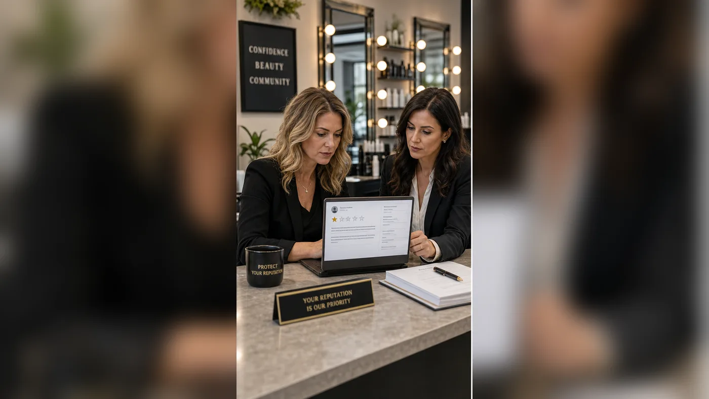 U.S. salon owner and lawyer reviewing a harmful Google review in a beauty studio