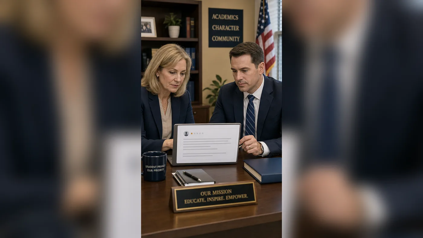 U.S. school administrator and counsel reviewing harmful Google review evidence