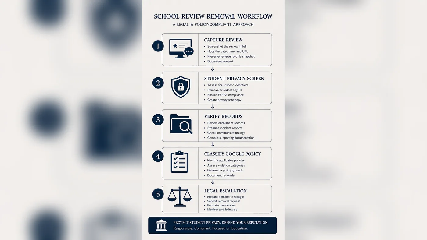 Technical infographic for U.S. school Google review removal workflow