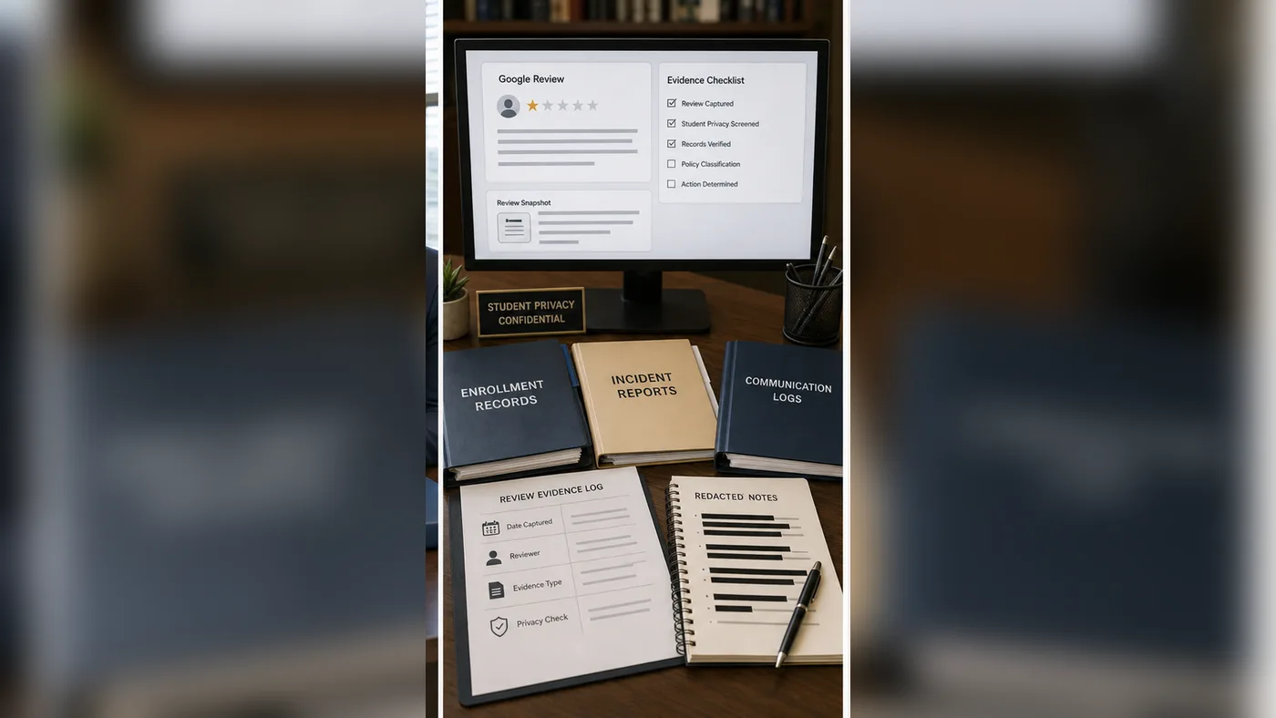 School evidence file and Google review screenshots with student privacy controls in the United States