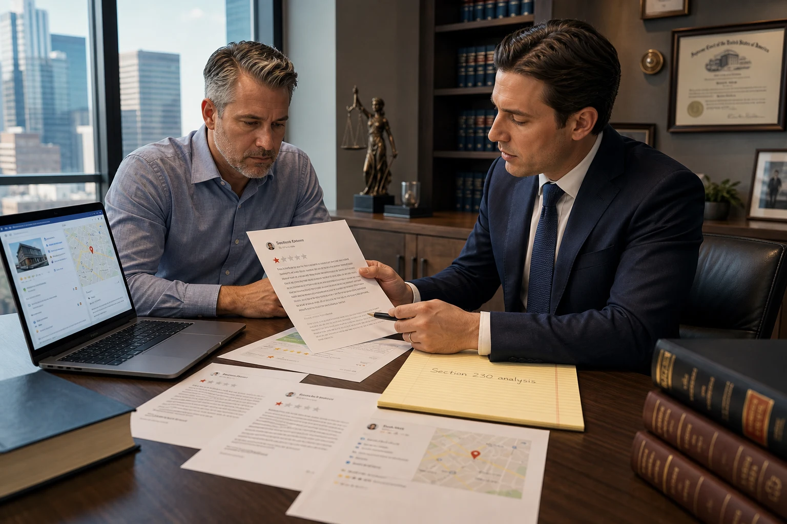 U.S. business owner and attorney reviewing Section 230 issues in a Google review removal file