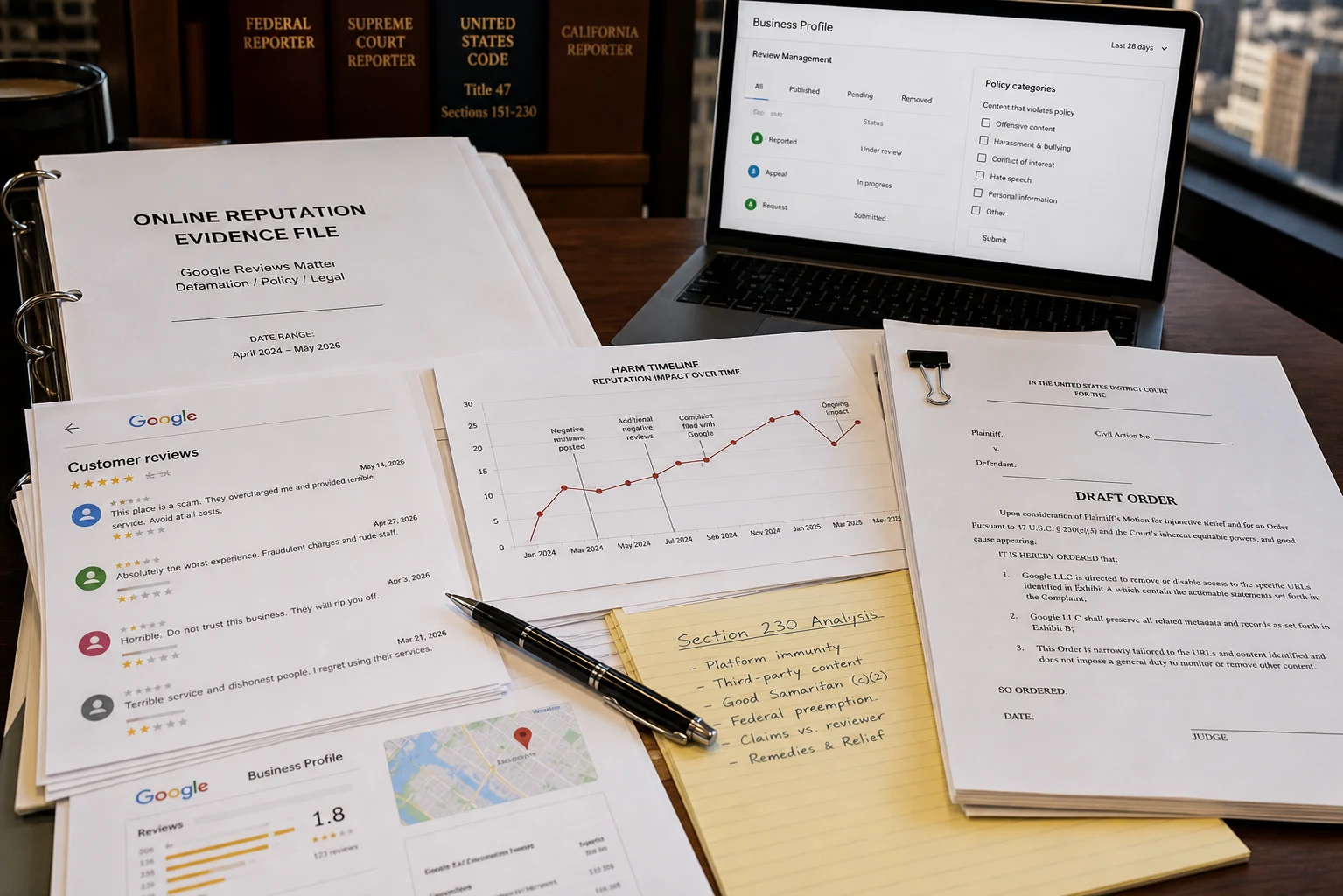 United States legal evidence file comparing Google review records, platform reports, and draft court-order language