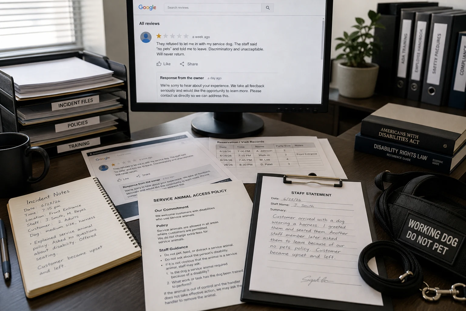 United States evidence desk comparing Google review screenshots with incident notes, policies, and reservation records in a service animal dispute