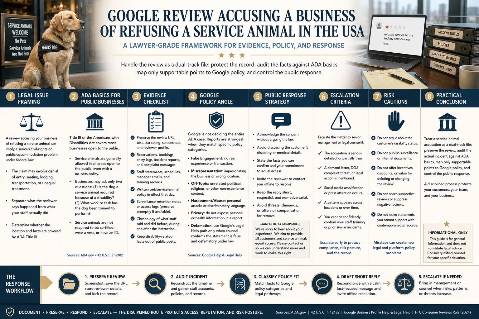 Technical infographic for responding to a Google review accusing a business of refusing a service animal in the USA