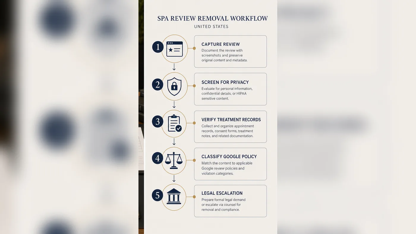 Technical infographic for U.S. spa Google review removal workflow