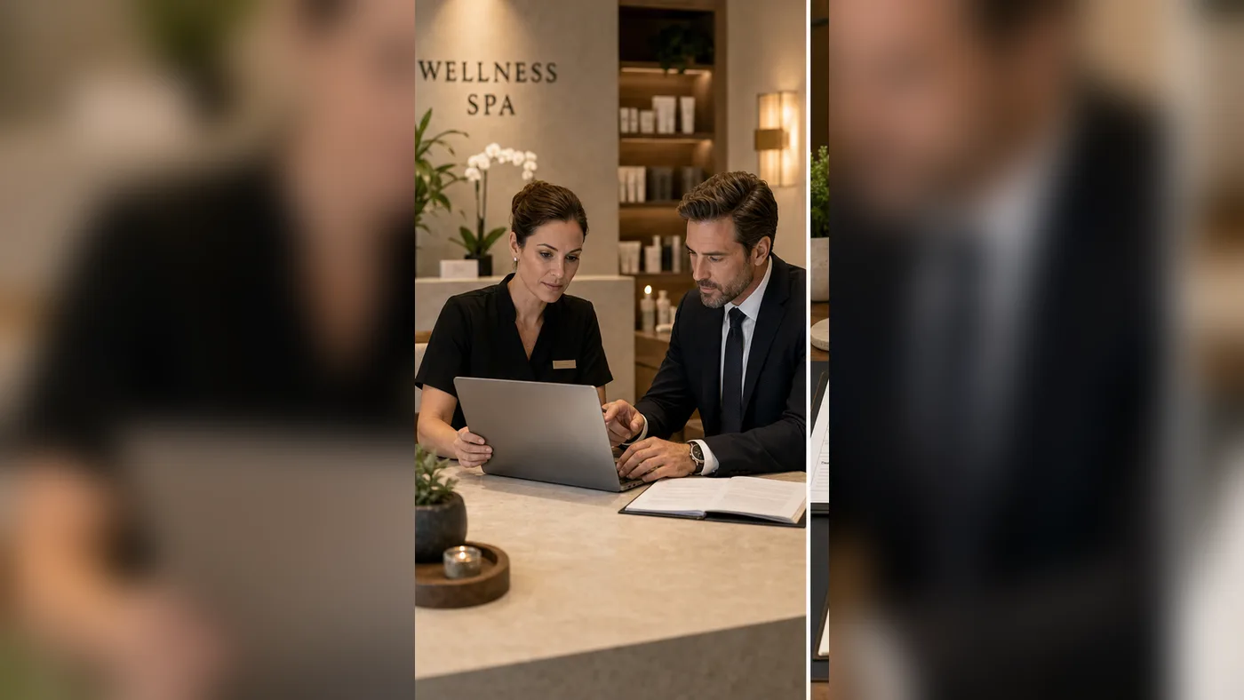 U.S. spa director and lawyer reviewing a harmful Google review in a wellness reception