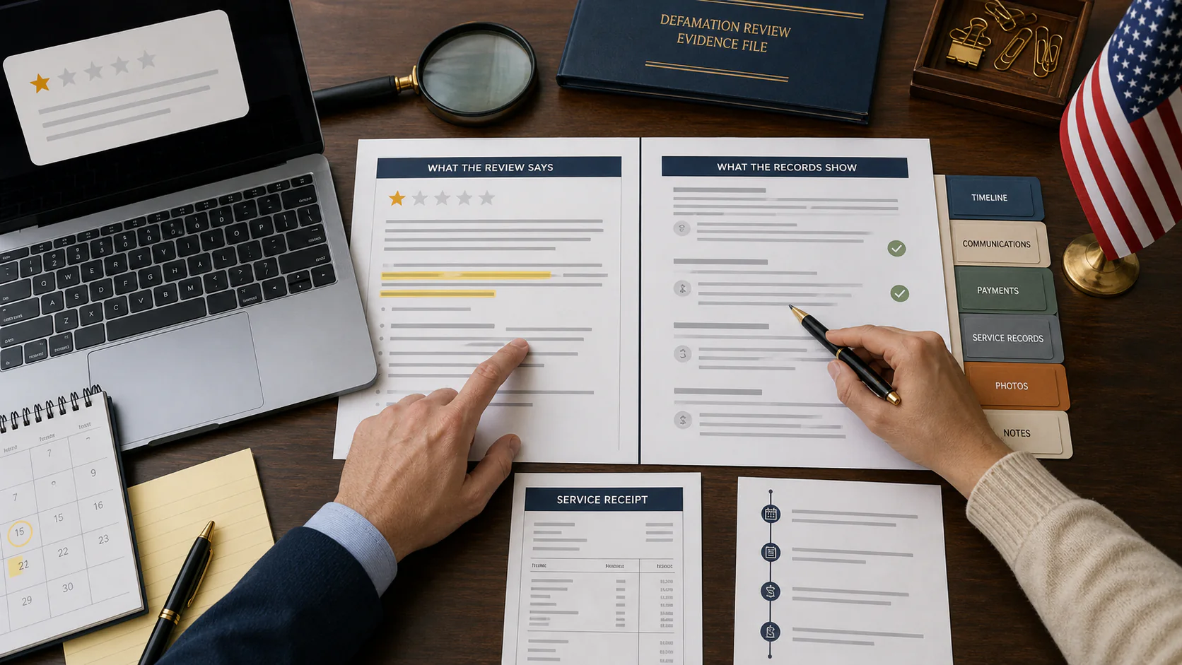 United States evidence desk comparing what a Google review says with what business records show