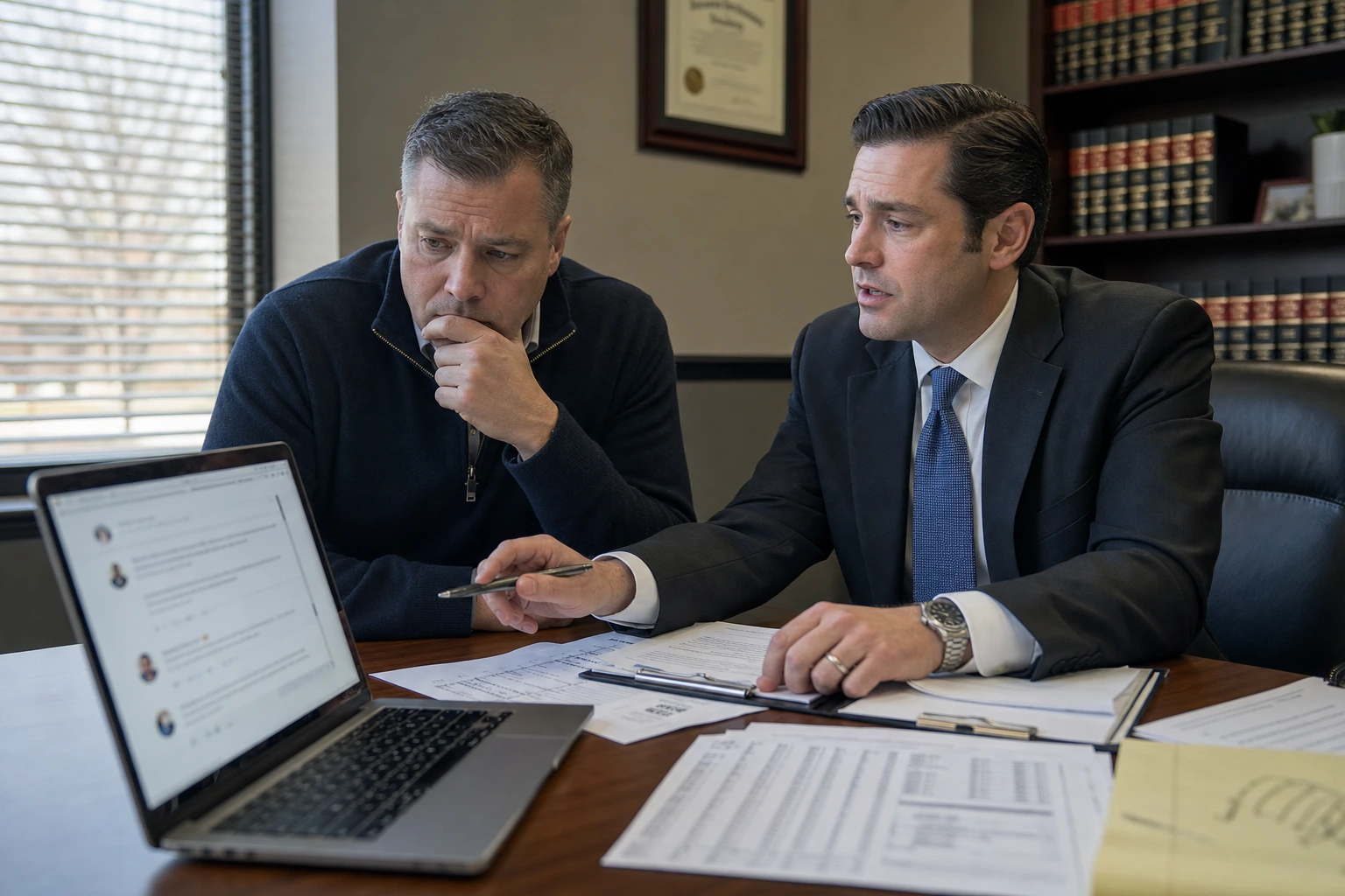 U.S. business owner and attorney reviewing a Google review alleging unsafe conditions beside inspection and incident records