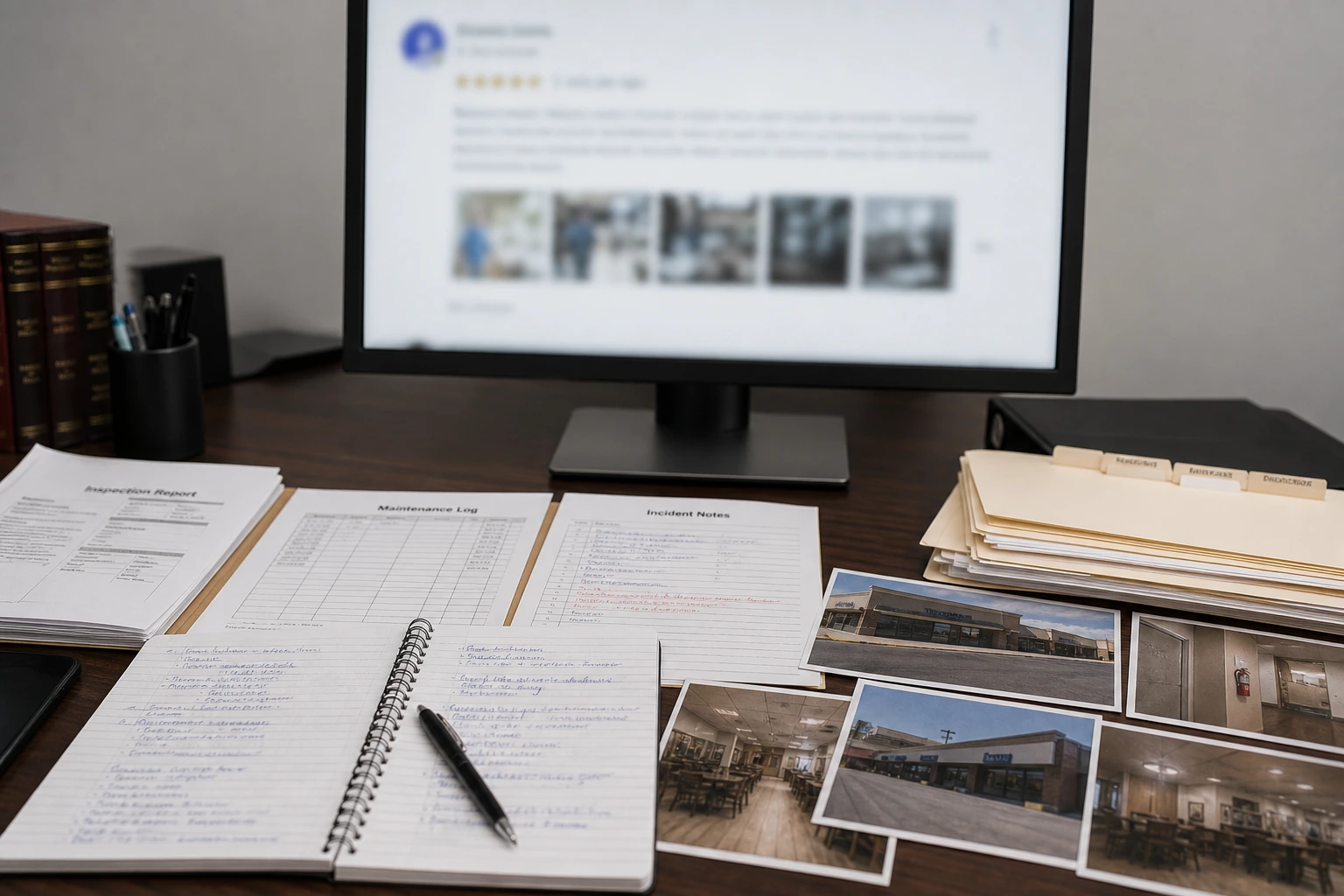 United States evidence desk comparing Google review screenshots with maintenance logs, inspection reports, and customer records in an unsafe-business dispute
