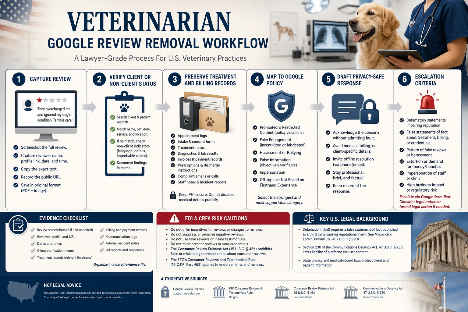 Technical infographic for U.S. veterinarian Google review removal workflow