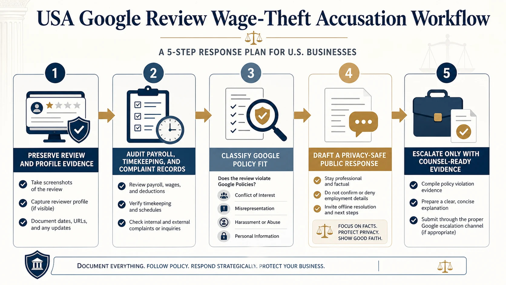 Technical infographic for responding to a Google review accusing a business of wage theft or labor violations in the USA