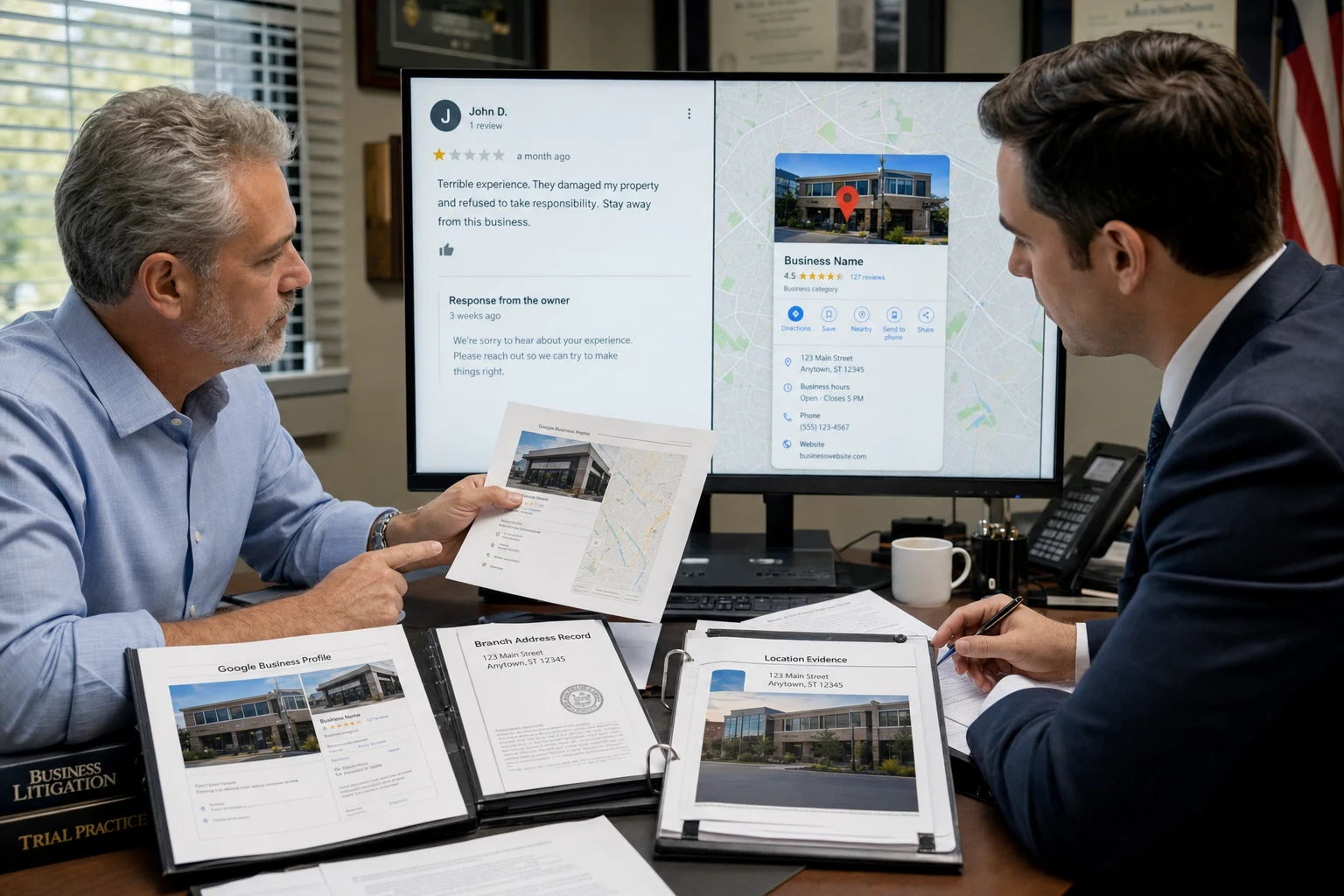 U.S. business owner and attorney comparing a harmful Google review with the correct business profile, map pin, and branch records