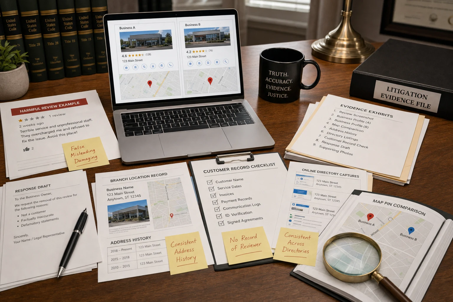 United States evidence desk comparing Google review screenshots, branch addresses, profile details, and customer records for a wrong-location dispute