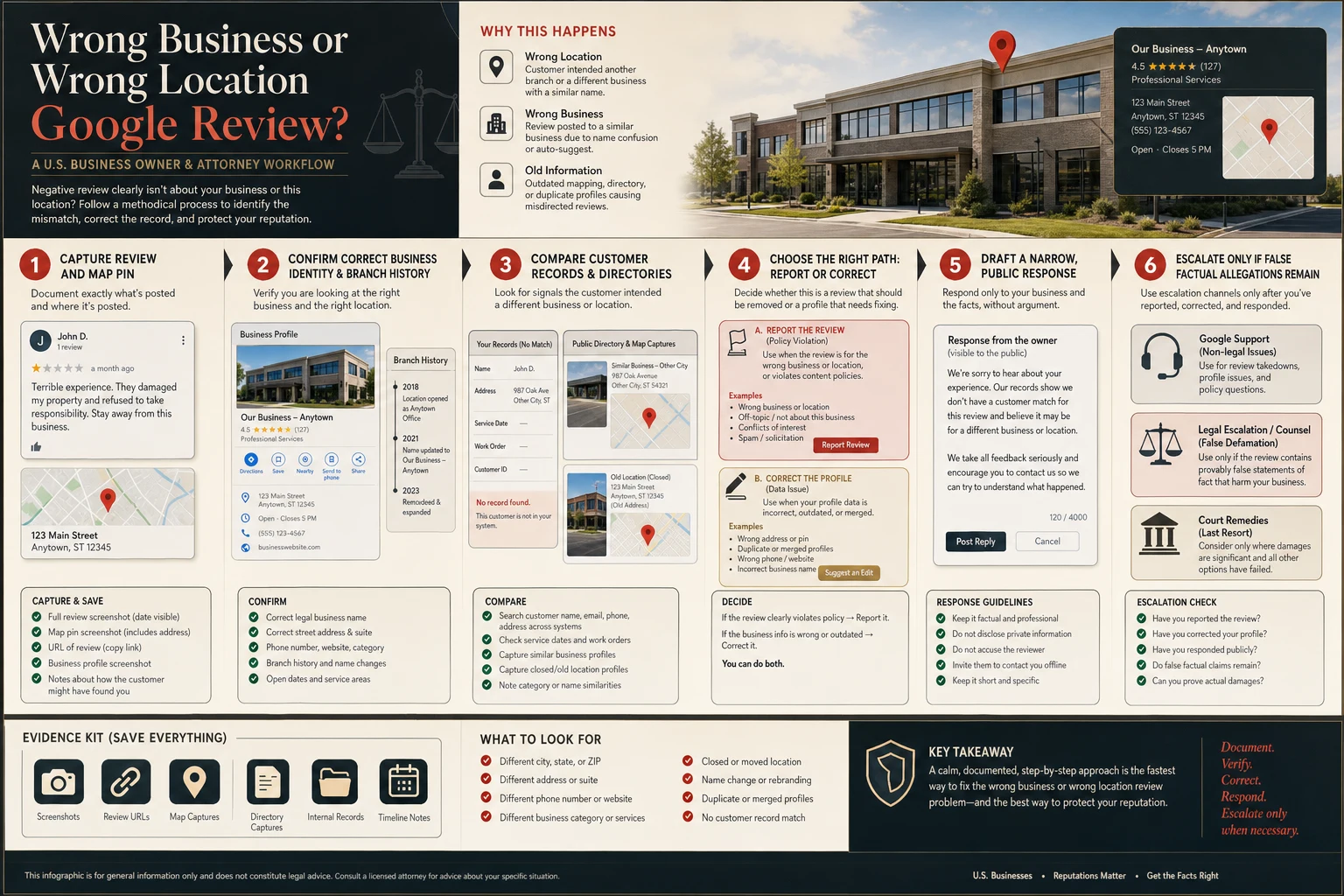 Technical infographic for handling a wrong-business or wrong-location Google review in the United States