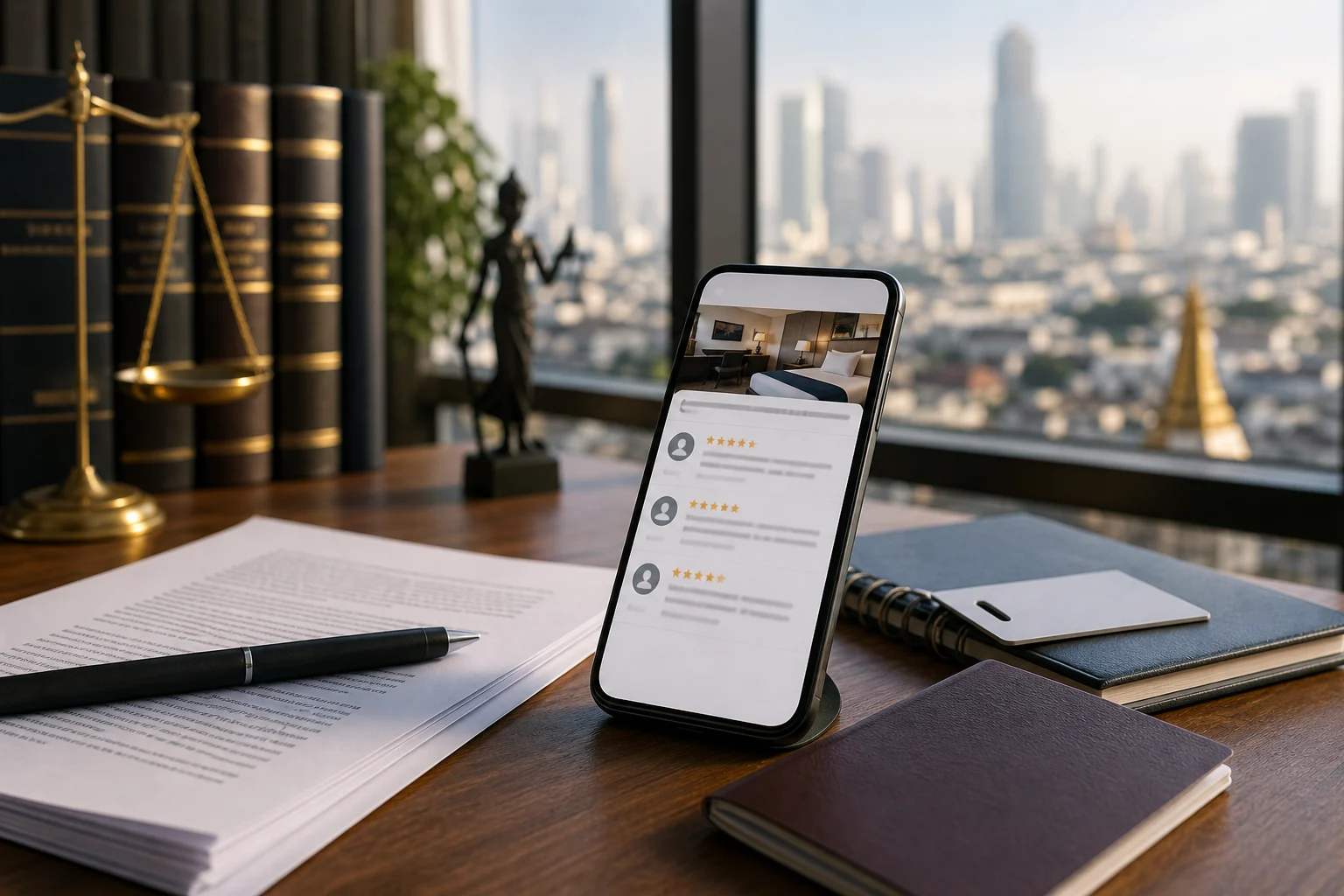 Thailand tourist defamation case list with hotel review evidence and legal documents in a Bangkok law office